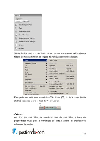 Se você clicar com o botão direito de seu mouse em qualquer célula de sua
tabela, ele habilita também as opções de manipulação de nossa tabela.

Para podermos selecionar as células (TD), linhas (TR) ou toda nossa tabela
(Table), podemos usar o rodapé do Dreamweaver.

Células
Ao clicar em uma célula, ou selecionar mais de uma célula, a barra de
propriedades muda para a formatação de texto e abaixo as propriedades
referentes às células.

41

 