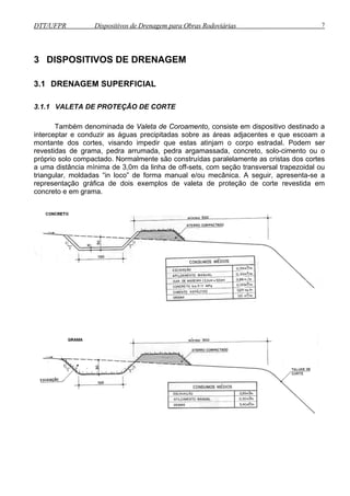 DTT/UFPR Dispositivos de Drenagem para Obras Rodoviárias 7 
3 DISPOSITIVOS DE DRENAGEM 
3.1 DRENAGEM SUPERFICIAL 
3.1.1 VALETA DE PROTEÇÃO DE CORTE 
Também denominada de Valeta de Coroamento, consiste em dispositivo destinado a 
interceptar e conduzir as águas precipitadas sobre as áreas adjacentes e que escoam a 
montante dos cortes, visando impedir que estas atinjam o corpo estradal. Podem ser 
revestidas de grama, pedra arrumada, pedra argamassada, concreto, solo-cimento ou o 
próprio solo compactado. Normalmente são construídas paralelamente as cristas dos cortes 
a uma distância mínima de 3,0m da linha de off-sets, com seção transversal trapezoidal ou 
triangular, moldadas “in loco” de forma manual e/ou mecânica. A seguir, apresenta-se a 
representação gráfica de dois exemplos de valeta de proteção de corte revestida em 
concreto e em grama. 
 