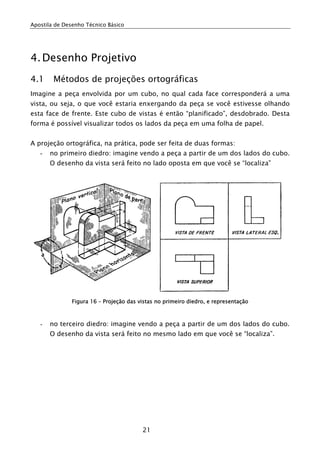 Apostila de Desenho Técnico Básico




4. Desenho Projetivo
4.1     Métodos de projeções ortográficas
Imagine a peça envolvida por um cubo, no qual cada face corresponderá a uma
vista, ou seja, o que você estaria enxergando da peça se você estivesse olhando
esta face de frente. Este cubo de vistas é então “planificado”, desdobrado. Desta
forma é possível visualizar todos os lados da peça em uma folha de papel.


A projeção ortográfica, na prática, pode ser feita de duas formas:
   -   no primeiro diedro: imagine vendo a peça a partir de um dos lados do cubo.
       O desenho da vista será feito no lado oposta em que você se “localiza”




               Figura 16 – Projeção das vistas no primeiro diedro, e representação



   -   no terceiro diedro: imagine vendo a peça a partir de um dos lados do cubo.
       O desenho da vista será feito no mesmo lado em que você se “localiza”.




                                         21
 