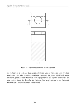 Apostila de Desenho Técnico Básico




                     Figura 34 - Representação de corte total da Figura 33



Ao realizar-se o corte de duas peças distintas, usa-se hachuras com direções
diferentes, cada uma indicando uma peça. Caso haja um maior número de peças
em corte, pode-se usar hachuras com espaçamentos ou ângulos diferentes, ou
usar outros tipos de desenho de hachura. Em geral reserva-se as hachuras
estreitas para pequenas peças, e vice-versa.




                                        35
 