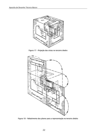 Apostila de Desenho Técnico Básico




                       Figura 17 – Projeção das vistas no terceiro diedro




          Figura 18 - Rebatimento dos planos para a representação no terceiro diedro




                                         22
 