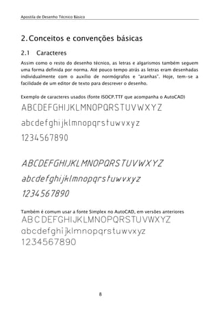Apostila de Desenho Técnico Básico




2. Conceitos e convenções básicas
2.1     Caracteres
Assim como o resto do desenho técnico, as letras e algarismos também seguem
uma forma definida por norma. Até pouco tempo atrás as letras eram desenhadas
individualmente com o auxílio de normógrafos e “aranhas”. Hoje, tem-se a
facilidade de um editor de texto para descrever o desenho.


Exemplo de caracteres usados (fonte ISOCP.TTF que acompanha o AutoCAD)

ABCDEFGHIJKLMNOPQRSTUVWXYZ
abcdefghijklmnopqrstuwvxyz
1234567890

ABCDEFGHIJKLMNOPQRSTUVWXYZ
abcdefghijklmnopqrstuwvxyz
1234567890
Também é comum usar a fonte Simplex no AutoCAD, em versões anteriores

ABCDEFGHIJKLMNOPQRSTUVWXYZ
abcdefghijklmnopqrstuwvxyz
1234567890




                                     8
 