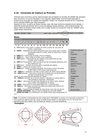 14
4.10 - Comandos de Captura ou Precisão
Utilizado para encontrar pontos determinados das entidades as funções de OSNAP são ativadas
para encontrar um ponto desejado e em seguida, desativados. Sua principal aplicação é
proporcionar precisão ao traçado de entidades. Podem ser ativados através do F3, mantendo
ativos aqueles SNAPs que mais necessita.
Quando se clica na barra de Status Osnap, caso não haja nenhuma seleção já pré-setada, o
AutoCAD automaticamente abre a caixa de diálogo Osnap Settings, vista anteriormente. Se
algum deles já setados clique então com o botão direito do mouse em cima do "OSNAP" para
poder editar novamente.
Modos:
1. - TTemporary Tracy point – Localiza um ponto a partir de uma série de
pontos temporários.
2. - FROM - Estabelece um ponto temporário para que a partir dele e usando
coordenada relativa ou polar, pode-se determinar o ponto
desejado.
3. - ENDpoint – Ponto final de linhas, arcos e polylines
4. - MIDpoint - Ponto médio de linhas, arcos e polylines
5. - INTersetion –Intersecção de dois objetos como segmentos de reta,
círculos, arcos e splines.
6. - APParent Intersection- Atrai um ponto que faz intersecção aparente entre
dois objetos em 3D.
7. - EXTension - Extente um ponto sobre a extensão de objetos
8. - CENter – Centro de círculos e Arcos
9. - QUAdrant – Define os pontos dos polos de círculos e arcos( os pontos
0º,90º,180º e 270º graus) mais próximos.
10. - TANgent – Tangente a círculos e arcos a partir do último ponto definido
11. - PERpendicular – Atrai para o ponto de um objeto que um alinhamento
normal ou perpendicular com o outro
objeto ou com uma extensão aparente do objeto.
12. - PARallel- Partindo de um ponto anterior, indentifica um ponto sobre a
reta paralela ao segmento identificado.
13. -INSert - Atrai para um ponto de inserção de um bloco, texto, atributo
(que contém informações de um bloco).
14. -NODe - Atrai para um ponto desenhado com o comando point.
15. -NEArest - Atrai para um ponto do objeto que esteja mais próximo ao
ponto especificado.
16. -NONe - Cancela todas as opções de snap ativas: end, mid, int,cen,etc.
17. -OSNAP SETTINGS - Ativa a caixa de dialogo do comando OSNAP.
POINT FILTERS- Faz referências a um ponto e filtra suas coordenadas X,Y
e Z.
Nota: É constante a necessidade de usar modos para "CAPTURAR" os pontos na construção de desenhos.
Para acioná-los apenas uma vez, clique no botão direito+SHIFT na tela gráfica com um comando ativo
aparecerá este menu rápido com os modos de "pescar" os pontos necessários.
Exemplos:
1 2 3 4 5 6 7 8 9 10 11 12 13 14 15 16 17
 