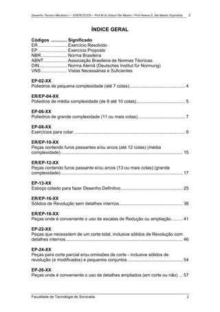 Desenho Técnico Mecânico I – EXERCÍCIOS – Prof.M.Sc Edson Del Mastro / Prof.Helena S. Del Mastro Espíndola 2
Faculdade de Tecnologia de Sorocaba 2
ÍNDICE GERAL
Códigos ............. Significado
ER ....................... Exercício Resolvido
EP ....................... Exercício Proposto
NBR..................... Norma Brasileira
ABNT................... Associação Brasileira de Normas Técnicas
DIN...................... Norma Alemã (Deutsches Institut für Normung)
VNS..................... Vistas Necessárias e Suficientes
EP-02-XX
Poliedros de pequena complexidade (até 7 cotas)............................................. 4
ER/EP-04-XX
Poliedros de média complexidade (de 8 até 10 cotas)....................................... 5
EP-06-XX
Poliedros de grande complexidade (11 ou mais cotas)...................................... 7
EP-08-XX
Exercícios para cotar.......................................................................................... 9
ER/EP-10-XX
Peças contendo furos passantes e/ou arcos (até 12 cotas) (média
complexidade).................................................................................................. 15
ER/EP-12-XX
Peças contendo furos passante e/ou arcos (13 ou mais cotas) (grande
complexidade).................................................................................................. 17
EP-13-XX
Esboço cotado para fazer Desenho Definitivo.................................................. 25
ER/EP-16-XX
Sólidos de Revolução sem detalhes internos................................................... 38
ER/EP-18-XX
Peças onde é conveniente o uso de escalas de Redução ou ampliação......... 41
EP-22-XX
Peças que necessitem de um corte total, inclusive sólidos de Revolução com
detalhes internos.............................................................................................. 46
EP-24-XX
Peças para corte parcial e/ou omissões de corte - inclusive sólidos de
revolução (e modificados) e pequenos conjuntos ............................................ 54
EP-26-XX
Peças onde é conveniente o uso de detalhes ampliados (em corte ou não) ... 57
 
