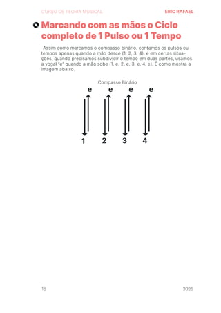 2024
CURSO DE TEORIA MUSICAL ERIC RAFAEL
Marcando com as mãos o Ciclo
completo de 1 Pulso ou 1 Tempo
Assim como marcamos o compasso binário, contamos os pulsos ou
tempos apenas quando a mão desce (1, 2, 3, 4), e em certas situa-
ções, quando precisamos subdividir o tempo em duas partes, usamos
a vogal “e” quando a mão sobe (1, e, 2, e, 3, e, 4, e). É como mostra a
imagem abaixo.
Compasso Binário
16 2025
2025
2025
2025
2025
2025
2025
2025
2025
2025
2025
 