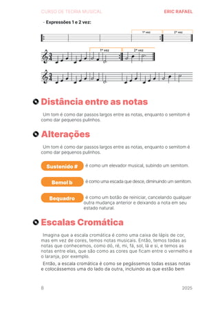 2024
CURSO DE TEORIA MUSICAL ERIC RAFAEL
- Expressões 1 e 2 vez:
1ª vez 2ª vez
3
4
1ª vez 2ª vez
3
4
Distância entre as notas
Alterações
Escalas Cromática
Um tom é como dar passos largos entre as notas, enquanto o semitom é
como dar pequenos pulinhos.
Um tom é como dar passos largos entre as notas, enquanto o semitom é
como dar pequenos pulinhos.
Imagina que a escala cromática é como uma caixa de lápis de cor,
mas em vez de cores, temos notas musicais. Então, temos todas as
notas que conhecemos, como dó, ré, mi, fá, sol, lá e si, e temos as
notas entre elas, que são como as cores que ficam entre o vermelho e
o laranja, por exemplo.
Então, a escala cromática é como se pegássemos todas essas notas
e colocássemos uma do lado da outra, incluindo as que estão bem
Sustenido #
Bemol b
Bequadro
é como um elevador musical, subindo um semitom.
é como uma escada que desce, diminuindo um semitom.
é como um botão de reiniciar, cancelando qualquer
outra mudança anterior e deixando a nota em seu
estado natural.
8 2025
2025
2025
2025
2025
2025
2025
2025
2025
2025
2025
 