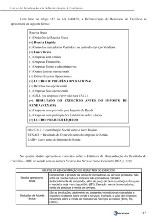 Curso de Graduação em Administração à Distância



       Com base no artigo 187 da Lei 6.404/76, a Demonstração do Resultado do Exercício se
apresentará da seguinte forma:

              Receita Bruta
              (-) Deduções da Receita Bruta
              (=) Receita Líquida
              (-) Custo das mercadorias Vendidos / ou custo do serviços Vendidos
              (=) Lucro Bruto
              (-) Despesas com vendas
              (-) Despesas Financeiras
              (-) Despesas Gerais e administrativas
              (-) Outras depesas operacionais
              (+) Outras Receitas Operacionais
              (=) LUCRO OU PREJUÍZO OPERACIONAL
              (+) Receitas não-operacionais
              (-) Despesas Não-operacionais
              (-) CSLL (ou despesas c/provisão para CSLL)
              (=) RESULTADO DO EXERCÍCIO ANTES DO IMPOSTO DE
              RENDA (REXAIR)
              (-) Despesas com provisão para Imposto de Renda
              (-) Despesas com participações Estatutárias sobre o lucro
              (=) LUCRO/ PREJUÍZO LÍQUIDO


             Obs: CSLL = contribuição Social sobre o lucro líquido.
             REXAIR = Resultado do Exercício antes do Imposto de Renda.
             LAIR= Lucro antes do Imposto de Renda




       No quadro abaixo apresenta-se conceitos sobre a Estrutura da Demonstração do Resultado do
Exercício – DRE de acordo com os autores Silvério das Neves e Paulo Vicecontti(2002, p. 319):

                         GRUPOS DA DEMONSTRAÇÃO DO RESULTADO DO EXERCÍCIO
                              Compreende o produto da venda de mercadorias ou serviços prestados. Não
       Receita operacional    entra na receita bruta os impostos não cumulativos cobrados
              b ru t a        destacadamente de comprador, além do preço do bem ou serviço e dos quais
                              o vendedor seja mero depositário (IPI). Exemplo: venda de mercadorias,
                              venda de produtos e venda de serviços.
                              São as devoluções, abatimento ou descontos incondicionais concedidos e
       Deduções da Receita    impostos incidentes sobre venda e serviços. Exemplo, o valor dos impostos
             B ru t a :       incidentes sobre a venda de mercadorias /serviços ao cliente (Icms, Pis,
                              Cofins).



                                                                                                          117
 