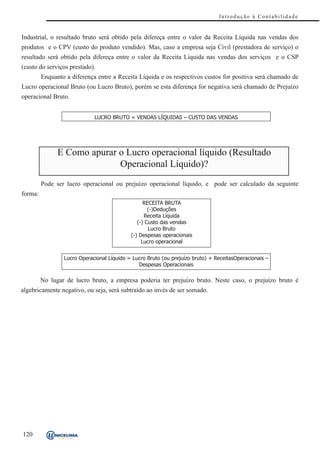Introdução à Contabilidade


Industrial, o resultado bruto será obtido pela difereça entre o valor da Receita Líquida nas vendas dos
produtos e o CPV (custo do produto vendido). Mas, caso a empresa seja Civil (prestadora de serviço) o
resultado será obtido pela difereça entre o valor da Receita Líquida nas vendas dos serviços e o CSP
(custo do serviços prestado).
         Enquanto a diferença entre a Receita Líquida e os respectivos custos for positiva será chamado de
Lucro operacional Bruto (ou Lucro Bruto), porém se esta diferença for negativa será chamado de Prejuízo
operacional Bruto.


                             LUCRO BRUTO = VENDAS LÍQUIDAS – CUSTO DAS VENDAS




               E Como apurar o Lucro operacional líquido (Resultado
                             Operacional Líquido)?
         Pode ser lucro operacional ou prejuízo operacional líquido, e pode ser calculado da seguinte
forma:
                                                  RECEITA BRUTA
                                                    (-)Deduções
                                                  Receita Líquida
                                               (-) Custo das vendas
                                                    Lucro Bruto
                                            (-) Despesas operacionais
                                                 Lucro operacional


                 Lucro Operacional Líquido = Lucro Bruto (ou prejuízo bruto) + ReceitasOperacionais –
                                               Despesas Operacionais

         No lugar de lucro bruto, a empresa poderia ter prejuízo bruto. Neste caso, o prejuízo bruto é
algebricamente negativo, ou seja, será subtraído ao invés de ser somado.




120
 