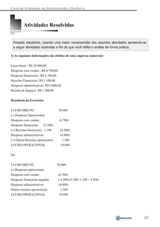 Curso de Graduação em Administração à Distância




         Atividades Resolvidas


 Prezado estudante, visando uma maior compreensão dos assuntos abordados apresenta-se
 a seguir atividades resolvidas a fim de que você reflita e analise de forma prática.

1) As seguintes informações são obtidas de uma empresa comercial :


Lucro bruto : R$ 38.000,00
Despesas com vendas : R$ 6.700,00
Despesas financeiras : R$ 5.300,00
Receitas Financeiras: R$ 1.100,00
Despesas administrativas: R$ 9.800,00
Receita de aluguéis: R$ 1.300,00


Resolução do Exercício:


LUCRO BRUTO                           38.000
(-) Despesas Operacionais
Despesas com vendas                   (6.700)
Despesas financeiras       (5.300)
(+) Receitas financeiras 1.100         (4.200)
Despesas administrativas               (9.800)
(+) Outras Receitas operacionais        1.300
LUCRO OPERACIONAL                      18.600


Ou


LUCRO BRUTO                          38.000
(-) Despesas operacionais
Despesas com vendas                   (6.700)
Despesas financeiras líquidas         ( 4.200) (5.300 -1.100 = 4.200)
Despesas adiminstrativas              (9.800)
Outras receitas operacionais           1.300
LUCRO OPERACIONAL                     18.600




                                                                                   121
 