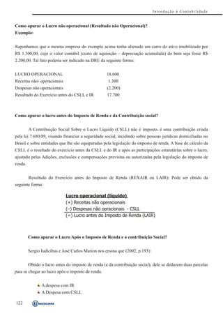 Introdução à Contabilidade


Como apurar o Lucro não operacional (Resultado não Operacional)?
Exemplo:


Suponhamos que a mesma empresa do exemplo acima tenha alienado um carro do ativo imobilizado por
R$ 1.300,00, cujo o valor contábil (custo de aquisição – depreciação acumulada) do bem seja fosse R$
2.200,00. Tal fato poderia ser indicado na DRE da seguinte forma:


LUCRO OPERACIONAL                                  18.600
Receitas não- operacionais                          1.300
Despesas não operacionais                           (2.200)
Resultado do Exercício antes do CSLL e IR           17.700



Como apurar o lucro antes do Imposto de Renda e da Contribuição social?


         A Contribuição Social Sobre o Lucro Líquido (CSLL) não é imposto, é uma contribuição criada
pela lei 7.680/89, visando financiar a seguridade social, incidindo sobre pessoas jurídicas domiciliadas no
Brasil e sobre entidades que lhe são equiparadas pela legislação do imposto de renda. A base de cálculo da
CSLL é o resultado do exercício antes da CSLL e do IR e após as participações estatutárias sobre o lucro,
ajustado pelas Adições, exclusões e compensações previstas ou autorizadas pela legislação do imposto de
renda.


         Resultado do Exercício antes do Imposto de Renda (REXAIR ou LAIR): Pode ser obtido da
seguinte forma:

                             Lucro operacional (líquido)
                             (+) Receitas não operacionais
                             (–) Despesas não opracionais - CSLL
                             (=) Lucro antes do Imposto de Renda (LAIR)



         Como apurar o Lucro Após o Imposto de Renda e a contribuição Social?


         Sergio Iudícibus e José Carlos Marion nos ensina que (2002, p.193):


         Obtido o lucro antes do imposto de renda (e da contribuição social), dele se deduzem duas parcelas
para se chegar ao lucro após o imposto de renda.


                A despesa com IR
                A Despesa com CSLL

122
 