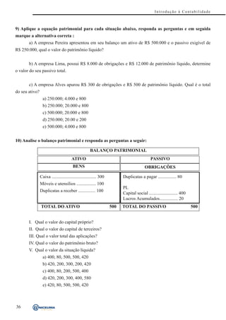 Introdução à Contabilidade



9) Aplique a equação patrimonial para cada situação abaixo, responda as perguntas e em seguida
marque a alternativa correta :
       a) A empresa Pereira apresentou em seu balanço um ativo de R$ 500.000 e o passivo exigível de
R$ 250.000, qual o valor do patrimônio líquido?


       b) A empresa Lima, possui R$ 8.000 de obrigações e R$ 12.000 de patrimônio líquido, determine
o valor do seu passivo total.


       c) A empresa Alves apurou R$ 300 de obrigações e R$ 500 de patrimônio líquido. Qual é o total
do seu ativo?
                  a) 250.000; 4.000 e 800
                  b) 250.000; 20.000 e 800
                  c) 500.000; 20.000 e 800
                  d) 250.000; 20.00 e 200
                  e) 500.000; 4.000 e 800


10) Analise o balanço patrimonial e responda as perguntas a seguir:

                                                      BALANÇO PATRIMONIAL
                                        ATIVO                                                PASSIVO
                                         BENS                                            OBRIGAÇÕES

                Caixa ....................................... 300         Duplicatas a pagar ................ 80
                Móveis e utensílios ................. 100
                                                                          PL
                Duplicatas a receber ............... 100
                                                                          Capital social ......................... 400
                                                                          Lucros Acumulados................ 20
                TOTAL DO ATIVO                                      500   TOTAL DO PASSIVO                               500


       I. Qual o valor do capital próprio?
       II. Qual o valor do capital de terceiros?
       III. Qual o valor total das aplicações?
       IV. Qual o valor do patrimônio bruto?
       V. Qual o valor da situação líquida?
                  a) 400, 80, 500, 500, 420
                  b) 420, 200, 300, 200, 420
                  c) 400, 80, 200, 500, 400
                  d) 420, 200, 300, 400, 580
                  e) 420, 80, 500, 500, 420



36
 