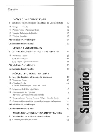 Sumário


      MÓDULO I - A CONTABILIDADE
1 - Definição, objeto, função e finalidade da Contabilidade             10
1.1 Campo de aplicação                                                  12
1.2 Pessoas Físicas e Pessoas Jurídicas                                 12
1.3 Usuários da Informação Contábil                                     13
1.4 Técnicas Contábeis                                                  13
Atividades de Aprendizagem                                              14
Comentário das atividades                                               17

     MÓDULO II - O PATRIMÔNIO
1 - Conceito, bens, direitos e obrigações do Patrimônio                 24
1.1 Patrimônio Líquido                                                  26
    1.1.1 Situação Líquida                                              27
    1.1.2 Origens e Aplicações de Recursos                              30

Atividades de Aprendizagem                                              33
Comentário das atividades                                               37

    MÓDULO III - O PLANO DE CONTAS
1 - Conceito, funções e elementos de uma conta                          44
1.1 Teorias das Contas                                                  45
1.2 Classificações das                                                  46
    Contas e Representações Gráfica das Contas
1.3 Mecanismo do Débito e do Crédito                                    47
1.4 Funcionamento das Contas de                                         48
    Receitas e Despesas (contas de Resultado)
1,5 Composições do Plano de Contas e Código e Grau das Contas           50
1.6 Contas sintéticas, analíticas e contas Retificadoras ou Redutoras   51
Atividades de Aprendizagem                                              53
Comentário das atividades                                               57

     MÓDULO IV - ATOS E FATOS ADMINISTRATIVOS
1 - Conceito de Atos e Fatos Administrativos                            64
1.1 Classificação dos fatos contábeis                                   64
 