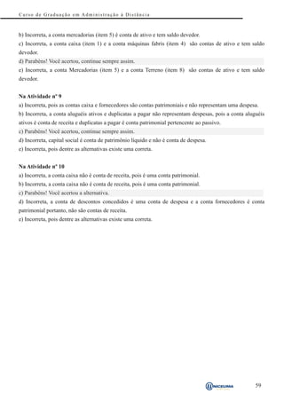 Curso de Graduação em Administração à Distância



b) Incorreta, a conta mercadorias (item 5) é conta de ativo e tem saldo devedor.
c) Incorreta, a conta caixa (item 1) e a conta máquinas fabris (item 4) são contas de ativo e tem saldo
devedor.
d) Parabéns! Você acertou, continue sempre assim.
e) Incorreta, a conta Mercadorias (item 5) e a conta Terreno (item 8) são contas de ativo e tem saldo
devedor.


Na Atividade nº 9
a) Incorreta, pois as contas caixa e fornecedores são contas patrimoniais e não representam uma despesa.
b) Incorreta, a conta aluguéis ativos e duplicatas a pagar não representam despesas, pois a conta aluguéis
ativos é conta de receita e duplicatas a pagar é conta patrimonial pertencente ao passivo.
c) Parabéns! Você acertou, continue sempre assim.
d) Incorreta, capital social é conta de patrimônio líquido e não é conta de despesa.
e) Incorreta, pois dentre as alternativas existe uma correta.


Na Atividade nº 10
a) Incorreta, a conta caixa não é conta de receita, pois é uma conta patrimonial.
b) Incorreta, a conta caixa não é conta de receita, pois é uma conta patrimonial.
c) Parabéns! Você acertou a alternativa.
d) Incorreta, a conta de descontos concedidos é uma conta de despesa e a conta fornecedores é conta
patrimonial portanto, não são contas de receita.
e) Incorreta, pois dentre as alternativas existe uma correta.




                                                                                                      59
 