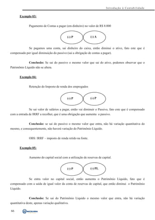 Introdução à Contabilidade


       Exemplo 03:


               Pagamento de Contas a pagar (em dinheiro) no valor de R$ 8.000


                                               (-) P            (-) A


               Se pagamos uma conta, sai dinheiro do caixa, então diminui o ativo, fato este que é
compensado por igual diminuição do passivo (sai a obrigação de contas a pagar).


               Conclusão: Se sai do passivo o mesmo valor que sai do ativo, podemos observar que o
Patrimônio Líquido não se altera.


       Exemplo 04:


               Retenção do Imposto de renda dos empregados


                                               (-) P            (-) P


               Se sai valor de salários a pagar, então vai diminuir o Passivo, fato este que é compensado
com a entrada de IRRF a recolher, que é uma obrigação que aumenta o passivo.


               Conclusão: se sai do passivo o mesmo valor que entra, não há variação quantitativa do
mesmo, e consequentemente, não haverá variação do Patrimônio Líquido.


               OBS: IRRF – imposto de renda retido na fonte.


       Exemplo 05:


               Aumento do capital social com a utilização de reservas de capital.


                                               (-) P            (-) PL


               Se entra valor no capital social, então aumenta o Patrimônio Líquido, fato que é
compensado com a saída de igual valor da conta de reservas de capital, que então diminui o Patrimônio
Líquido.


               Conclusão: Se sai do Patrimônio Líquido o mesmo valor que entra, não há variação
quantitativa deste, apenas variação qualitativa.

66
 