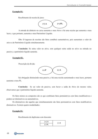 Introdução à Contabilidade



       Exemplo 01:


              Recebimento de receita de juros:


                                           (+) A            (+) PL


              A entrada de dinheiro no caixa aumenta o meu Ativo e há uma receita que aumenta o meu
lucro, e que portanto, aumenta o meu Patrimônio Líquido.


              Obs: O ingresso de receitas são fatos contábeis aumentativos, pois aumentam o valor do
ativo e do Patrimônio Líquido simultaneamente.


              Conclusão: Se entra valor no ativo, sem qualquer outra saída no ativo ou entrada no
passivo, o patrimônio líquido aumenta.


       Exemplo 02:


              Prescrição de dívida:


                                           (-) P            (-) A


              Sai obrigação diminuindo meu passivo, e há uma receita aumentando o meu lucro, portanto
aumenta o meu PL.


              Conclusão:    Se sai valor do passivo, sem haver a saída de Ativo do mesmo valor,
observamos que o patrimônio líquido aumenta.


       Os fatos mistos ou compostos são os que combinam fatos permutativos com fatos modificativos e
podem ser diminutivos ou aumentativos.
       Os diminutivos são aqueles que simultaneamente são fatos permutativos com fatos modificativos
diminutivos. Existem quatro modalidades:


       Exemplo 01:


              Recebimento de duplicatas com desconto

                                                 (+) A
                                                            (-) A
                                                 (-) PL




68
 