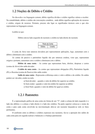 Introdução à Contabilidade



       1.2 Noções de Débito e Crédito
       No dia-a-dia e na linguagem comum, débito significa dívidas e crédito significa valores a receber.
Na contabilidade, débito e crédito são convenções contábeis, onde débito significa aplicações de recursos
e crédito, origem de recursos. Portanto, procure não ligar os significados técnicos com o que eles
representam na linguagem comum.


       Lembre-se que:


               Débito está no lado esquerdo do razonete e crédito no lado direito do razonete.


                                              T ítu lo d a Co n ta
                                            Débito          Crédito


       A conta do Ativo tem natureza devedora por representarem aplicações, logo, aumentam com o
débito e diminuem com o crédito.
       As contas do passivo e patrimônio líquido são por natureza credora, visto que, representam
origens e portanto, aumentam com o crédito e diminuem com o débito.
               Débito de uma conta – As contas que representam bens, direitos, despesas e custos
(contas de Ativo) têm saldo devedor.
               Crédito de uma conta - As contas que representam obrigações (PE), Patrimônio líquido
(PL) e Receitas (contas de Passivo) têm saldo credor.
               Saldo de uma conta - Representa a diferença entre o valor a débito e do crédito. Os saldos
podem ser: devedor, credor ou nulo.
                      a) Será devedor – quando o valor do débito for superior ao crédito.
                      b) Será credor - quando o valor do crédito for superior ao débito
                      c) Será Nulo- quando o valor do débito for igual ao crédito.



               1.2.1 Razonetes
       É a representação gráfica de uma conta em forma de um “T”, onde a coluna do lado esquerdo é o
lado dos débitos e a coluna o lado direito é o lado dos créditos. Na parte superior coloca-se o nome da
conta e para cada conta envolvida na movimentação abre-se um razonete lançando-se nele os fatos
pertinentes.
       O confronto entre os débitos e créditos expressos nos razonetes, faz-se a apuração dos saldos de
cada conta para em seguida realizar o balancete e o balanço patrimonial.




84
 