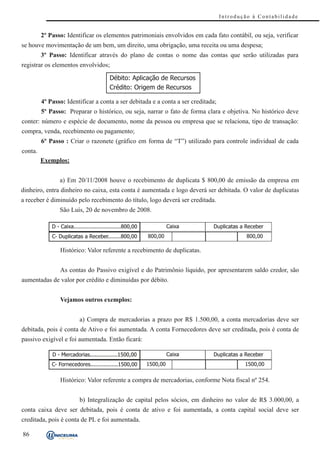 Introdução à Contabilidade


         2º Passo: Identificar os elementos patrimoniais envolvidos em cada fato contábil, ou seja, verificar
se houve movimentação de um bem, um direito, uma obrigação, uma receita ou uma despesa;
         3º Passo: Identificar através do plano de contas o nome das contas que serão utilizadas para
registrar os elementos envolvidos;

                                                                    Débito: Aplicação de Recursos
                                                                    Crédito: Origem de Recursos

         4º Passo: Identificar a conta a ser debitada e a conta a ser creditada;
         5º Passo: Preparar o histórico, ou seja, narrar o fato de forma clara e objetiva. No histórico deve
conter: número e espécie de documento, nome da pessoa ou empresa que se relaciona, tipo de transação:
compra, venda, recebimento ou pagamento;
         6º Passo : Criar o razonete (gráfico em forma de “T”) utilizado para controle individual de cada
conta.
         Exemplos:


                    a) Em 20/11/2008 houve o recebimento de duplicata $ 800,00 de emissão da empresa em
dinheiro, entra dinheiro no caixa, esta conta é aumentada e logo deverá ser debitada. O valor de duplicatas
a receber é diminuído pelo recebimento do título, logo deverá ser creditada.
                    São Luís, 20 de novembro de 2008.

             D - C a i xa . . . . . . . . . . . . . . . . . . . . . . . . . . . . . 8 0 0 , 0 0             C a i xa   Duplicatas a Receber
             C- Duplicatas a Receber........800,00                                                800,00                            800,00

                    Histórico: Valor referente a recebimento de duplicatas.


                    As contas do Passivo exigível e do Patrimônio líquido, por apresentarem saldo credor, são
aumentadas de valor por crédito e diminuídas por débito.


                    Vejamos outros exemplos:


                                       a) Compra de mercadorias a prazo por R$ 1.500,00, a conta mercadorias deve ser
debitada, pois é conta de Ativo e foi aumentada. A conta Fornecedores deve ser creditada, pois é conta de
passivo exigível e foi aumentada. Então ficará:

             D - Mercadorias.................1500,00                                                        C a i xa   Duplicatas a Receber
             C- Fornecedores.................1500,00                                              1500,00                          1500,00

                    Histórico: Valor referente a compra de mercadorias, conforme Nota fiscal nº 254.


                                       b) Integralização de capital pelos sócios, em dinheiro no valor de R$ 3.000,00, a
conta caixa deve ser debitada, pois é conta de ativo e foi aumentada, a conta capital social deve ser
creditada, pois é conta de PL e foi aumentada.

86
 
