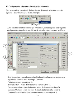 8.2 Configurando a Interface Principal do Schematic
    Para personalizar a aparência da interface do Schematic selecione a opção
    Options – User Interface no menu principal:




                                    Menu Options

     Após irá abrir uma tela como a que está abaixo, aonde se pode fazer algumas
     configurações para alterar o ambiente de trabalho enumeradas na seqüência.
                                                      1
                                                                                   2



4



                                                                                       5
3




      Se o item estiver marcado estará habilitado na interface, segue abaixo uma
      explanação sobre os itens do campo Controls:
      Pulldown menu – menu (item 1)
      Action toolbar – paleta de ferramentas comuns (item 2)
      Parameter toolbar – parte inferior da paleta de ferramentas (item 3)
      Command buttons – parte superior da paleta de ferramentas (item 4)
      Command texts – botões de comandos com texto escrito (item 5)
                                           14
 