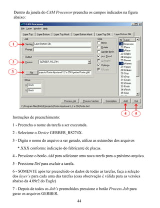 Dentro da janela do CAM Processor preencha os campos indicados na figura
abaixo:




1



2

3




                                                                     4         5
Instruções de preenchimento:
1 - Preencha o nome da tarefa a ser executada.
2 - Selecione o Device GERBER_RS274X.
3 - Digite o nome do arquivo a ser gerado, utilize as extensões dos arquivos
    *.XXX conforme indicação do fabricante de placas.
4 - Pressione o botão Add para adicionar uma nova tarefa para o próximo arquivo.
5 - Pressione Del para excluir a tarefa.
6 - SOMENTE após ter preenchido os dados de todas as tarefas, faça a seleção
dos layer’s para cada uma das tarefas (essa observação é válida para as versões
abaixo da 4.09r2 do Eagle)
7 - Depois de todos os Job’s preenchidos pressione o botão Process Job para
gerar os arquivos GERBER.
                                           44
 