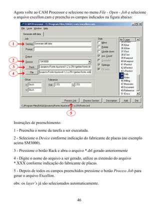 Agora volte ao CAM Processor e selecione no menu File - Open - Job e selecione
o arquivo excellon.cam e preencha os campos indicados na figura abaixo:




1



2
3
4




                                   5

Instruções de preenchimento:
1 - Preencha o nome da tarefa a ser executada.
2 - Selecione o Device conforme indicação do fabricante de placas (no exemplo
acima SM3000).
3 - Pressione o botão Rack e abra o arquivo *.drl gerado anteriormente
4 - Digite o nome do arquivo a ser gerado, utilize as extensão do arquivo
*.XXX conforme indicação do fabricante de placas.
5 - Depois de todos os campos preenchidos pressione o botão Process Job para
gerar o arquivo Excellon.
obs: os layer’s já são selecionados automaticamente.



                                       46
 