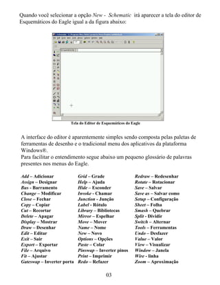 Quando você selecionar a opção New - Schematic irá aparecer a tela do editor de
Esquemáticos do Eagle igual a da figura abaixo:




                       Tela do Editor de Esquemáticos do Eagle


A interface do editor é aparentemente simples sendo composta pelas paletas de
ferramentas de desenho e o tradicional menu dos aplicativos da plataforma
Windows®.
Para facilitar o entendimento segue abaixo um pequeno glossário de palavras
presentes nos menus do Eagle.

Add – Adicionar             Grid – Grade                  Redraw – Redesenhar
Assign – Designar           Help – Ajuda                  Rotate – Rotacionar
Bus - Barramento            Hide – Esconder               Save – Salvar
Change – Modificar          Invoke - Chamar               Save as – Salvar como
Close – Fechar              Junction - Junção             Setup – Configuração
Copy – Copiar               Label - Rótulo                Sheet – Folha
Cut – Recortar              Library – Bibliotecas         Smash – Quebrar
Delete – Apagar             Mirror – Espelhar             Split - Dividir
Display – Mostrar           Move – Mover                  Switch – Alternar
Draw – Desenhar             Name – Nome                   Tools – Ferramentas
Edit – Editar               New – Novo                    Undo – Desfazer
Exit – Sair                 Options – Opções              Value – Valor
Export – Exportar           Paste – Colar                 View – Visualizar
File – Arquivo              Pinswap – Inverter pinos      Window – Janela
Fit – Ajustar               Print – Imprimir              Wire - linha
Gateswap – Inverter porta   Redo – Refazer                Zoom – Aproximação

                                          03
 