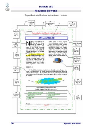 Instituto CSU
Apostila MS Word
30
RECURSOS DO WORD
Sugestão de seqüência de aplicação dos recursos
 