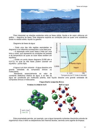 Temas de Ecologia
31
Para interpretar as relações existentes entre as fases sólida, líquida e de vapor utiliza-se um
gráfico - diagrama de fases. Este diagrama explicita as condições para as quais uma substância
existe no estado sólido, líquido ou gasoso.
Diagrama de fases da água:
- Cada uma das três regiões assinaladas no
diagrama a cor diferente corresponde a uma fase pura.
- A separação entre duas fases é feita por uma
linha a cheio, que representa as condições de pressão
e de temperatura às quais as duas fases existem em
equilíbrio.
- Existe um ponto desse diagrama (0,006 atm e
0,01o
C) no qual as três fases podem coexistir em
equilíbrio – ponto triplo.
A água é um bom solvente - A água dissolve uma
grande variedade de compostos iônicos ou
moleculares.
Atendendo essencialmente ao valor da
constante dieléctrica relativa da água, e ao fato da
água ser constituída por moléculas polares, este líquido dissolve uma grande variedade de
compostos iônicos e moleculares.
Esta propriedade permite, por exemplo, que a água transporte nutrientes dissolvidos através de
organismos vivos e retire os desperdícios dos mesmos tecidos, servindo como agente de limpeza.
 