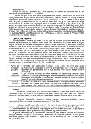 Temas de Ecologia
82
Rio Amazonas
Nasce no norte da Cordilheira dos Andes peruano; sua altitude na nascente é de 5,3 mil
metros com aproximadamente 1.100 afluentes.
O volume de água do rio Amazonas é tão grande que sua foz, ao contrário dos outros rios,
consegue empurrar a água do mar por muitos quilômetros. O oceano atlântico só consegue reverter
isso durante a lua nova quando, finalmente, vence a resistência do rio. O choque entre as águas
provoca ondas que podem alcançar até 5m de altura, avançando rio adentro. Este choque das águas
tem uma força tão grande que é capaz de derrubar árvores e modificar o leito do rio. É no Rio
Amazonas que acontece um curioso fenômeno da natureza, a pororoca. No dialeto indígena do baixo
Amazonas, o fenômeno da pororoca tem o seu significado exato: Poroc-poroc significa destruidor.
Embora a pororoca aconteça todos os dias, o período de maior intensidade no Brasil acontece entre
janeiro e maio e não é um fenômeno exclusivo do Amazonas. Acontece nos estuários rasos de todos
rios que desembocam no golfo amazônico e no rio Araguari, no litoral do Estado do Amapá. Verifica-
se também nos rios Sena e Ganges.
GEOLOGIA E RELEVO
Geologicamente, limita-se ao norte e ao sul com os escudos cristalinos brasileiros e das
guianas, respectivamente; ao longo da borda oeste, com a Cordilheira dos Andes. Entre as feições
antigas existentes, encontra-se uma depressão preenchida por uma cobertura sedimentar de caráter
fluvial e lacustre. Ao norte e ao sul da calha do médio e baixo rio Amazonas, os escudos cristalinos e
os sedimentos terciários. Todas estas e outras formações geológicas datam de milhões de anos.
Ainda falando nos períodos antecessores ao nosso, quando o nível do mar esteve baixo, o rio
Amazonas, juntamente, com seus afluentes, alargou e escavou vales; quando o nível do mar estava
alto, estes vales foram aterrados com sedimentos originários da região andina, formando as várzeas.
O relevo amazônico não apresenta altitudes acima de 200 metros, porém, nesta região
(fronteira do Brasil com a Venezuela) localiza-se o ponto culminante do País, o Pico da Neblina, com
3.014 metros, mais precisamente na Serra do Imeri. Baseando ainda na estrutura geológica acima
descrita, surgem as principais unidades de relevo amazônicas:
Planície de
Inundação
(várzeas)
Formadas por sedimentos recentes, pouco acima do nível das águas,
periodicamente inundadas, e terraços pleistocênicos, um pouco mais antigos,
formados em períodos nos quais o nível dos rios esteve alguns metros acima do
nível atual.
Planalto
Amazônico
Com altitudes máximas de 200m, formado por sedimentos terciários argilo-
arenosos; a unidade geomorfológica intensamente compartimentada pela rede de
drenagem de igarapés e rios autóctones, podendo apresentar diversos níveis de
terraços e topografia bastante acidentada.
Escudos
Cristalinos
Situam-se ao norte e ao sul da bacia sedimentar, muito pediplanados e nivelados
com esta, de tal modo que o contato é apenas marcado pela zona das cachoeiras
dos afluentes do rio Amazonas; altitudes caracteristicamente acima de 200m.
SOLOS
Devido às precipitações e as temperaturas elevadas, o solo sofre alterações em seu
material de origem (minerais) e lixiviação em suas bases, tornado-se profundos e bem drenados,
apresentando coloração vermelha ou amarela, pouco férteis e ácidos. Caracteriza-se, então como:
•Oxissolo (latossolo) - excelente textura granular, baixíssima fertilidade natural,
propriedade uniforme em sua profundidade, ocupando 45% da área.
•Ultissolo (pdzólico vermelho-amarelo) - horizonte de acumulação de argila, propriedade
física menos favorável para agronomia e baixa fertilidade natural, ocupando 30% da Amazônia.
Aproximadamente 6% da área são ocupados por solos férteis bem drenados; 2% por solos de
espessos horizontes de areias quartzosas e solos aluviais, alguns muito férteis.
A grande biodiversidade é característica reconhecida das florestas úmidas da Amazônia;
abrange espécies biológicas, ecossistemas, populações de espécies diversas e uma grande
diversidade genética. Como exemplo, pode-se citar o fato de serem conhecidas 2.500 espécies de
árvores na Amazônia.
 