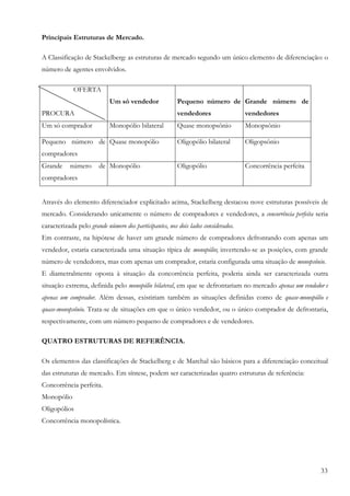 33
Principais Estruturas de Mercado.
A Classificação de Stackelberg: as estruturas de mercado segundo um único elemento de diferenciação: o
número de agentes envolvidos.
OFERTA
PROCURA
Um só vendedor Pequeno número de
vendedores
Grande número de
vendedores
Um só comprador Monopólio bilateral Quase monopsônio Monopsônio
Pequeno número de
compradores
Quase monopólio Oligopólio bilateral Oligopsônio
Grande número de
compradores
Monopólio Oligopólio Concorrência perfeita
Através do elemento diferenciador explicitado acima, Stackelberg destacou nove estruturas possíveis de
mercado. Considerando unicamente o número de compradores e vendedores, a concorrência perfeita seria
caracterizada pelo grande número dos participantes, nos dois lados considerados.
Em contraste, na hipótese de haver um grande número de compradores defrontando com apenas um
vendedor, estaria caracterizada uma situação típica de monopólio; invertendo-se as posições, com grande
número de vendedores, mas com apenas um comprador, estaria configurada uma situação de monopsônio.
E diametralmente oposta à situação da concorrência perfeita, poderia ainda ser caracterizada outra
situação extrema, definida pelo monopólio bilateral, em que se defrontariam no mercado apenas um vendedor e
apenas um comprador. Além dessas, existiriam também as situações definidas como de quase-monopólio e
quase-monopsônio. Trata-se de situações em que o único vendedor, ou o único comprador de defrontaria,
respectivamente, com um número pequeno de compradores e de vendedores.
QUATRO ESTRUTURAS DE REFERÊNCIA.
Os elementos das classificações de Stackelberg e de Marchal são básicos para a diferenciação conceitual
das estruturas de mercado. Em síntese, podem ser caracterizadas quatro estruturas de referência:
Concorrência perfeita.
Monopólio
Oligopólios
Concorrência monopolística.
 