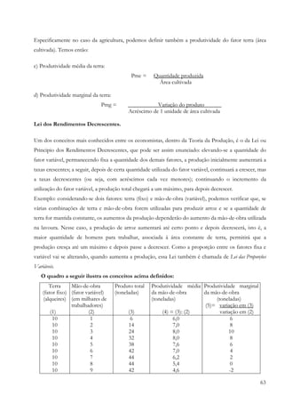 63
Especificamente no caso da agricultura, podemos definir também a produtividade do fator terra (área
cultivada). Temos então:
c) Produtividade média da terra:
Pme = Quantidade produzida
Área cultivada
d) Produtividade marginal da terra:
Pmg = Variação do produto______
Acréscimo de 1 unidade de área cultivada
Lei dos Rendimentos Decrescentes.
Um dos conceitos mais conhecidos entre os economistas, dentro da Teoria da Produção, é o da Lei ou
Principio dos Rendimentos Decrescentes, que pode ser assim enunciado: elevando-se a quantidade do
fator variável, permanecendo fixa a quantidade dos demais fatores, a produção inicialmente aumentará a
taxas crescentes; a seguir, depois de certa quantidade utilizada do fator variável, continuará a crescer, mas
a taxas decrescentes (ou seja, com acréscimos cada vez menores); continuando o incremento da
utilização do fator variável, a produção total chegará a um máximo, para depois decrescer.
Exemplo: considerando-se dois fatores: terra (fixo) e mão-de-obra (variável), podemos verificar que, se
várias combinações de terra e mão-de-obra forem utilizadas para produzir arroz e se a quantidade de
terra for mantida constante, os aumentos da produção dependerão do aumento da mão-de-obra utilizada
na lavoura. Nesse caso, a produção de arroz aumentará até certo ponto e depois decrescerá, isto é, a
maior quantidade de homens para trabalhar, associada à área constante de terra, permitirá que a
produção cresça até um máximo e depois passe a decrescer. Como a proporção entre os fatores fixa e
variável vai se alterando, quando aumenta a produção, essa Lei também é chamada de Lei das Proporções
Variáveis.
O quadro a seguir ilustra os conceitos acima definidos:
Terra
(fator fixo)
(alqueires)
(1)
Mão-de-obra
(fator variável)
(em milhares de
trabalhadores)
(2)
Produto total
(toneladas)
(3)
Produtividade média
da mão-de-obra
(toneladas)
(4) = (3): (2)
Produtividade marginal
da mão-de-obra
(toneladas)
(5)= variação em (3)
variação em (2)
10
10
10
10
10
10
10
10
10
1
2
3
4
5
6
7
8
9
6
14
24
32
38
42
44
44
42
6,0
7,0
8,0
8,0
7,6
7,0
6,2
5,4
4,6
6
8
10
8
6
4
2
0
-2
 
