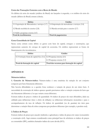 99
Conta das Transações Correntes com o Resto do Mundo
Os débitos do resto do mundo (créditos do Brasil) são lançados à esquerda, e os créditos do resto do
mundo (débitos do Brasil) entram à direita.
Débito Crédito
3.1 Exportação de Mercadorias e serviços (1.7)
3.2 Renda recebida do exterior (2.8)
3.3 Saldo: poupança externa (4.3)
3.4 Importação de mercadorias e serviços (1.8)
3.5 Renda enviada para o exterior (2.7)
Total de recebimentos Total de pagamentos
Conta Consolidada de Capital
Nessa conta entram como débito os gastos com bens de capital, estoques e construções, que
representam aumento do estoque de capital da economia. Os créditos representam as fontes de
financiamento dos investimentos.
Débito Crédito
4.1 Formação bruta de capital fixo (1.6) 4.2 Poupança interna (2.5)
4.3 Poupança externa (3.3)
Total da formação de capital Total dos recursos para formação do capital
APÊNDICE B
Números-índices.
1. Conceito de Número-índice: Número-índice é uma estatística da variação de um conjunto
composto por bens fisicamente diferentes.
Não haveria dificuldades se a questão fosse conhecer a variação de preços de um único bem. A
necessidade da construção de índices aparece quando precisamos saber a variação conjunta de bens que
são fisicamente diferentes e/ou que variam a taxas diferentes.
Existem índices de preços e índices de quantidade. Os índices de preços são mais difundidos, dada sua
utilidade para deflacionar (tirar o efeito da inflação) ou inflacionar informações monetárias e para o
acompanhamento da taxa de inflação. Os índices de quantidade (ou de quantum) são úteis para
determinar a variação física de séries compostas por produtos diferentes (por exemplo, o produto real).
2. Índices de Preços
Existem índices de preços por atacado (indústria e agricultura) e índice de preços de varejo (consumidor
e construção civil). Aqui estamos considerando como principal base de referência os índices de preços
ao consumidor (IPC), também chamados índices de custo devida (ICV).
 