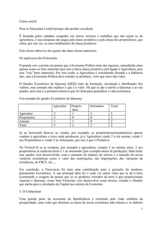 Classe estéril
Para os fisiocratas é estéril porque não produz excedente
É formada pelos cidadãos ocupados em outros serviços e trabalhos que não sejam os da
agricultura, e suas despesas são pagas pela classe produtiva e pela classe dos proprietários, que
retira, por sua vez, os seus rendimentos da classe produtiva
Esta classe sobrevive dos gastos das duas classes anteriores
Os equívocos dos Fisiocratas
O grande erro consiste em pensar que a Economia Política trata das riquezas, entendendo estas
apenas como os bens materiais (por isso a única classe produtiva está ligada à Agricultura, pois
esta "cria" bens materiais). Por esta razão, a Agricultura é considerada fecunda e a Indústria
não, mas a Economia Política deve estudar os produtos, visto que estes têm valor.
O Quadro Econômico de Quesnay (QEQ) trata da formação, circulação e distribuição dos
valores, mas contudo não explicar o que é o valor. Há que se dar o mérito a Quesnay e ao seu
quadro, pois esta é a primeira tentativa que foi feita para quantificar a vida econômica.
Um exemplo do quadro Econômico de Quesnay:
Agricultor Proprie-
tário
Artesanato Total
Agricultor 2 1 2 5
Proprietário 2 0 0 2
Artesão 1 1 0 2
Total 5 2 2 2
Já na horizontal lêem-se as vendas, por exemplo, os proprietários(arrendatários) apenas
vendem à agricultura a terra onde produzem, já a Agricultura vende 2 a ela mesma, vende 1
aos Proprietários e vende 2 ao Artesanato, por isso é que é Produtiva.
Na Vertical lê se as compras, por exemplo a agricultura, compra 2 ao mesmo setor, 2 aos
proprietários (a renda da terra) e 1 ao artesanato (por exemplo meios de produção). Mais tarde
este quadro será desenvolvido, com o aumento do número de setores e a inserção de novas
variáveis econômicas como o valor das exportações, das importações, das variações de
existências, da FBCF, etc..,.
Em conclusão, a Fisiocracia foi mais uma contribuição para a gestação do moderno
pensamento Econômico. A sua principal idéia foi o cada vez maior valor que se dá à terra
(cometendo o exagero de pensar que só os produtos retirados da terra é que proporcionam
riqueza) e Quesnay, como bom Fisiocrata veio desenvolver essas teorias, criando o Quadro
que alerta para a circulação do Capital nos setores da Economia.
3. O Utilitarismo
Uma grande parte da economia de beneficiência é orientada pela visão utilitária da
prosperidade, uma visão que dominou as bases da teoria econômica não-clássica e os debates
5
 