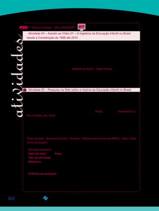 120
1º Período Virtual – 22 e 23/02/2011
Atividade 04 – Assistir ao Vídeo 01 – A trajetória da Educação Infantil no Brasil
desde a Constituição de 1988 até 2010.
Assistam, agora, ao Vídeo 01 – A trajetória da Educação Infantil no Brasil desde a Cons-
tituição de 1988 até 2010 –, no qual procuramos apresentar, de modo sintetizado, como a
Educação Infantil está se organizando em nosso país, especialmente a partir da Constituição
de 1988. Este documento, no artigo 208, inciso IV, determina que o dever do Estado para
com a educação será efetivado mediante a garantia de atendimento às crianças de zero a
seis anos de idade em creches e pré-escolas.
Vídeo disponibilizado na Ferramenta Material de Apoio – Pasta Vídeos, ou ainda, pelo Por-
tal Acadêmico, link Vídeos.
Aproveitem o “Fórum 01 - Primeiras idéias sobre Educação Infantil” e discutam brevemente
com os colegas a trajetória da Educação Infantil no Brasil apresentada neste vídeo.
Atividade 05 – Pesquisa na Web sobre a história da Educação Infantil no Brasil.
Para conhecerem um pouco mais a trajetória da Educação Infantil em nosso país nas últi-
mas décadas, façam uma busca, individualmente, por meio das ferramentas de busca dis-
poníveis na internet, de pesquisas que focalizem a história dessa etapa da Educação Básica
no Brasil. Compartilhem com seus colegas os artigos que encontraram, apresentando uma
pequena síntese de pelo menos um deles, na Ferramenta Mural, com o título: Atividade05_tí-
tulo do texto_seu nome. (Atenção: Lembrem-se de escrever o título do texto, bem como o
nome de vocês, sem acentuações e sinais gráficos). Não se esqueçam de indicar os artigos
com as referências de acordo com a Associação Brasileira de Normas Técnicas (ABNT). Seu
orientador de disciplina poderá ajudá-los a utilizar as normas de forma adequada.
Vejam os tópicos que se pede:
Título do texto: / Autor(es) do texto: / Síntese: / Referências (normas da ABNT): / Site: / Data
e hora do acesso:
Atividade avaliativa
Valor da nota: 10,00 Peso: 1,00
Tipo da atividade: Individual.
Objetivos:
Selecionar pesquisas que focalizem a história da Educação Infantil no Brasil.•	
Elaborar síntese de pelo menos um artigo selecionado por meio de pesquisa.•	
Critérios de avaliação:
Cumprimento da proposta.•	
Produção textual (Manual do Aluno).•	
Entrega dentro do prazo estabelecido.•	
Saiba Mais
Saiba Mais
 