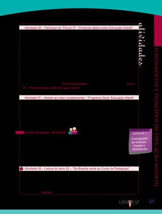 121
Fundamentoseprincípiosdaeducaçãoinfantil
Atividade 06 – Participar do “Fórum 01 - Primeiras ideias sobre Educação Infantil”.
Participem do “Fórum 01 - Primeiras ideias sobre Educação Infantil”.
Nesse Fórum, vocês irão contar para seus colegas se trabalham com Educação Infantil e o
que sabem sobre esta Etapa da Educação Básica. Se trabalham com Educação Infantil, nar-
rem desde quando atuam como professor ou professora dessa etapa da Educação Básica,
especificando: a idade das crianças com as quais interagem, as maiores dificuldades enfren-
tadas na profissão, os dilemas vividos no cotidiano, a sua relação com as crianças e demais
profissionais que atuam na escola. Se já trabalharam ao longo de sua trajetória profissional,
relatem quando isso ocorreu e como foram suas experiências. Se não trabalham com Educa-
ção Infantil, contem o que sabem sobre as creches e pré-escolas.
Aproveitem também esse Fórum para discutir os aspectos da Educação Infantil abordados
nas atividades 01, 03 e 04 e para comentar com seus colegas aquilo que já aprendeu sobre
a trajetória da Educação Infantil nessas primeiras atividades da disciplina.
Acessem então, a Ferramenta Fórum de Discussão, e façam suas contribuições no “Fórum
01 - Primeiras ideias sobre Educação Infantil”. Esta não é uma atividade avaliativa, mas a
interação é importante, então, participem!
Atividade 07 – Assistir ao vídeo complementar - “Programa Geral Educação Infantil”.
Assistam, se desejarem, ao vídeo “Programa Geral – Educação Infantil”, disponível no site
www.dominiopublico.gov.br. Para acessá-lo, entrem no site, em seguida, selecionem no cam-
po obrigatório: Tipo de mídia: “Vídeo” Categoria “TV Escola – Escola/Educação”.
Depois, é só procurar o vídeo na lista. Aproveitem para ver os títulos dos demais vídeos
disponíveis neste site. Vocês poderão acessá-los quando quiserem.
Embora essa atividade não seja avaliativa, ela os ajudará na compreensão da Educação
Infantil no Brasil.
2ª Aula Presencial - 24/02/2011
Iniciaremos agora, os estudos sobre os temas da Unidade 2 – Concepções de criança,
creche e pré-escola. Nesta Unidade, pretendemos que vocês possam conhecer as con-
cepções de criança, creche e pré-escola presentes na legislação e documentos produ-
zidos pelo Ministério da Educação para esta etapa da Educação Básica. Objetivamos,
também, que vocês possam pensar sobre suas próprias concepções sobre criança,
creche e pré-escola, construídas a partir de suas experiências, e que possam analisá-las a
partir das considerações de algumas pesquisadoras que investigam estes temas.
Atividade 08 – Leitura do texto 02 – “Da Brasília verde ao Curso de Pedagogia”.
No texto 02 – “Da Brasília verde ao Curso de Pedagogia” –, a autora, ex-aluna de uma Es-
cola de Educação Infantil e, hoje, professora do curso de Pedagogia, descreve lembranças
dos tempos em que frequentou uma pré-escola. Em seu relato, podemos nos reportar aos
anos de 1980.
Reúnam-se em grupos, de três ou quatro integrantes e façam a leitura. Texto disponibilizado
na Ferramenta Leituras, ou diretamente em seu caderno de formação.
Saiba Mais
Saiba Mais
Unidade 2
Concepções
de Criança,
Creche e
Pré-Escola
 