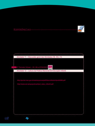 128
Dessa forma, vemos que as concepções de criança, creche e pré-escola vão sendo
modificadas ao longo do tempo. Se hoje as escolas de educação infantil devem cumprir sua
função sociopolítica e pedagógica, conforme determinam as Diretrizes Curriculares Nacio-
nais para a Educação Infantil (Resolução n. 5, de 17 de dezembro de 2009), é porque estamos
diante de uma concepção de criança como sujeito histórico e de direitos.
Referências
BRASIL. Ministério da Educação e do Desporto. Secretaria de Educação Fundamental. Referencial curri-
cular nacional para a Educação Infantil. Brasília: MEC/SEF, 1998.
BRASIL. Política Nacional de Educação Infantil: pelo direito das crianças de zero a seis anos à Educação.
Brasília: MEC/SEB, 2006.
BUJES, M. I. E. Escola Infantil: Pra que te Quero? In: CRAIDY, M.; KAERCHER, G. E. P. S. Educação
Infantil. Pra que te quero? Porto Alegre: Artmed, 2001, p. 13-22.
Atividade 11 – Discussão geral das Atividades 08, 09 e 10.
	 Discutam com a classe toda, as concepções de crianças, creche e pré-escola, trabalha-
das nas atividades 08, 09 e 10.
2º Período Virtual – 25, 26 e 27/02/2011
Atividade 12 – Leitura da Política Nacional de Educação Infantil.
	 Façam o download do documento “Política Nacional de Educação Infantil: pelo direito
das crianças de zero a seis anos à Educação”, por meio de um dos links a seguir:
http://portal.mec.gov.br/seb/arquivos/pdf/Educinf/eduinfpolit2006.pdf
http://www.oei.es/quipu/brasil/pol_educ_infantil.pdf
Leiam o documento e observem atentamente o histórico da Educação Infantil no Brasil, em
seus aspectos legais. Leiam, também, as Diretrizes da Política Nacional de Educação Infantil,
listadas no documento, atentando para seus objetivos, metas, estratégias e recomendações
para o desenvolvimento da Educação Infantil no Brasil.
Uma das Diretrizes da Política Nacional de Educação Infantil apresentadas no documento
é a seguinte: “O processo pedagógico deve considerar as crianças em sua totalidade, obser-
vando suas especificidades, as diferenças entre elas e sua forma privilegiada de conhecer o
mundo por meio do brincar”. Notem, durante a leitura, nas demais Diretrizes, a forma como as
crianças são vistas no documento.	 A leitura do documento “Política Nacional de Educação
Infantil: pelo direito das crianças de zero a seis anos à Educação” é fundamental para que
vocês compreendam o tratamento dado a esta etapa da Educação Básica em nosso país.
Saiba Mais
Saiba Mais
Saiba Mais
Saiba Mais
 