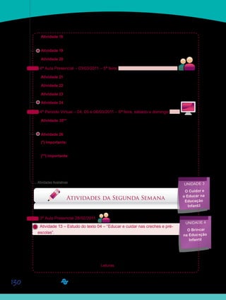 130
Sa
Sai
S
Sai
Atividade 18 – Leitura complementar do artigo “As professoras de crianças pequenininhas
e o cuidar e educar”.
Atividade 19 – Estudo do texto 05 – “O brincar na Educação Infantil”.
Atividade 20 – Pesquisa na Web sobre o brincar na Educação Infantil.
4ª Aula Presencial – 03/03/2011 – 5ª feira:
Atividade 21 – Retomada das atividades 17, 19 e 20.
Atividade 22 - Trabalho com o texto 06 – “Identidade do professor de Educação Infantil”.
Atividade 23 – Assistir ao Vídeo 04 – Identidade do professor de Educação Infantil.
Atividade 24 – Discutir sobre o profissional de Educação Infantil.
4º Período Virtual – 04, 05 e 06/03/2011 – 6ª feira, sábado e domingo:
Atividade 25** – Participar do “Fórum 03 - A importância da formação do professor de
Educação Infantil”.
Atividade 26 – Estudo do texto 07 – “Famílias e escolas de Educação Infantil”.
(*) Importante: As postagens da atividade 16 (Fórum 02) poderão ser feitas até o dia 09 de
março de 2011. Participem!
(**) Importante: As postagens da atividade 25 (Fórum 03) poderão ser feitas até o dia 12
de março de 2011. Participem!
Qualquer problema, por favor, entre em contato com seu Orientador de Disciplina.
Boa semana!
Atividades da Segunda Semana
3ª Aula Presencial 28/02/2011:
Atividade 13 – Estudo do texto 04 – “Educar e cuidar nas creches e pré-
escolas”.
Nesta aula, vamos assistir a um vídeo sobre os temas das Unidades 3 e 4, que
são interligados. Entretanto, antes de assistir ao vídeo, assim que chegarem à
aula, organizem-se em grupos, compostos por três ou quatro alunos, para o estu-
do do texto 04 – “Educar e cuidar nas creches e pré-escolas”.
Texto disponibilizado na Ferramenta Leituras, ou diretamente em seu caderno de formação.
Saiba Mais
Saiba Mais
Unidade 3
O Cuidar e
o Educar na
Educação
Infantil
Unidade 4
O Brincar
na Educação
Infantil
Saiba Mais
Saiba Mais
Atividades Avaliativas
 