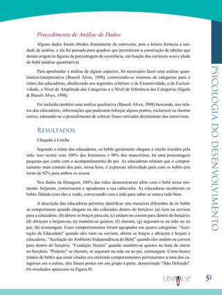 31
psicologiadodesenvolvimento
Procedimento de Análise de Dados
Alguns dados foram obtidos diretamente da entrevista, pois a leitura fornecia a uni-
dade de análise, e ela foi passada para quadros que permitiram a construção de tabelas que
deram origem às figuras de porcentagem de ocorrência, em função das variáveis sexo e idade
do bebê (análise quantitativa).
Para aprofundar a análise de alguns aspectos, foi necessário fazer uma análise quan-
titativa/interpretativa (Biasoli Alves, 1998), construindo-se sistemas de categorias para o
relato das educadoras, obedecendo aos seguintes critérios: o de Exaustividade, o de Exclusi-
vidade, o Nível de Amplitude das Categorias e o Nível de Inferência das Categorias (Sigolo
& Biasoli Alves, 1998).
Foi incluída também uma análise qualitativa (Biasoli Alves, 1998) buscando, nos rela-
tos dos educadores, informações que pudessem reforçar alguns pontos, esclarecer ou ilustrar
outros, adotando-se o procedimento de colocar frases retiradas diretamente das entrevistas.
Resultados
Chegada à Creche
Segundo o relato das educadoras, os bebês geralmente chegam à creche trazidos pela
mãe: isso ocorre com 100% dos femininos e 96% dos masculinos; há uma porcentagem
pequena que conta com o acompanhamento do pai. As educadoras relatam que o compor-
tamento mais comum dos pais, nessa hora, é expressar afetividade para com os bebês (em
torno de 92% para ambos os sexos).
Nos dados da filmagem, 100% das mães demonstraram afeto com o bebê nesse mo-
mento: beijaram, conversaram e agradaram a sua cabecinha. As educadoras receberam os
bebês falando com eles e rindo, conversando com a mãe para saber se estava tudo bem.
A descrição das educadoras permitiu identificar oito maneiras diferentes de os bebês
se comportarem quando chegam ou são colocados dentro do berçário: (a) riem ou sorriem
para a educadora; (b) abrem os braços para ela; (c) andam ou correm para dentro do berçário;
(d) abraçam e beijam-na; (e) mantêm-se quietos; (f) choram; (g) seguram-se na mãe ou no
pai; (h) resmungam. Esses comportamentos foram agrupados em quatro categorias: “Acei-
tação da Educadora” quando eles riem ou sorriem, abrem os braços e abraçam e beijam a
educadora;. “Aceitação do Ambiente/Independência do Bebê” quando eles andam ou correm
para dentro do berçário; “Condição Neutra” quando mantêm-se quietos na hora de entrar
no berçário; “Protesto” se choram, se seguram na mãe ou no pai, resmungam. Como houve
relatos de bebês que eram citados ora emitindo comportamentos pertencentes a uma das ca-
tegorias ora a outras, eles foram postos em um grupo à parte, denominado “Não Definido”.
Os resultados aparecem na Figura 01.
 