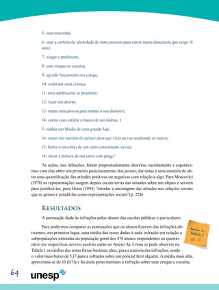 64
5- usar maconha;
6- usar a carteira de identidade de outra pessoas para entrar numa danceteria que exige 16
anos;
7- xingar a professora;
8- usar craque ou cocaína;
9- agredir fisicamente um colega;
10- maltratar uma criança;
11- uma adolescente se prostituir;
12- fazer um aborto;
13- matar uma pessoa para roubar o seu dinheiro;
14- cortar com estilete o banco de um ônibus; 1
5- roubar um blusão de uma grande loja;
16- matar um menino de quinze anos que vivia na rua assaltando os outros;
17- furtar o toca-fitas de um carro estacionado na rua;
18- riscar a pintura de um carro com prego.”
As ações, nas infrações, foram propositadamente descritas sucintamente e esperáva-
mos com elas obter um primeiro posicionamento dos jovens; dar notas é uma maneira de ob-
ter uma quantificação das atitudes positivas ou negativas com relação a algo. Para Moscovici
(1978) as representações surgem depois ou em torno das atitudes sobre um objeto e servem
para justificá-las; para Doise (1994) “estudar a ancoragem das atitudes nas relações sociais
que as geram é estudá-las como representações sociais”(p. 224)
Resultados
A pontuação dada às infrações pelos alunos das escolas públicas e particulares
Para podermos comparar as pontuações que os alunos fizeram das infrações ob-
tivemos, em primeiro lugar, uma média das notas dadas à cada infração em relação a
subpopulações extraídas da população geral dos 478 alunos respondentes ao questio-
nário (os respectivos desvios-padrão estão no Anexo A). Como se pode observar na
Tabela 1 as médias das notas foram bastante altas, para a maioria das infrações, sendo
o valor mais baixo de 5,17 para a infração sobre um policial ferir alguém. A média mais alta,
aproximou-se de 10 (9,71) e foi dada pelas meninas à infração sobre usar craque e cocaína.
Anexo A eTabela 1
pg. 72
 