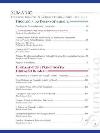 77
Sumário
Educação Infantil: Princípios e Fundamentos - Volume 1
Psicologia do Desenvolvimento
Psicologia do Desenvolvimento - Introdução	 			 09
O Desenvolvimento da Criança nos Primeiros Anos de Vida	 	 13
Durlei de Carvalho Cavicchia
Comportamento de Bebês em Situações de Separação e Reencontro 	
com os Pais, na Rotina Diária da Creche 					 28
Lígia Ebner Melchiori
Zélia Maria Mendes Biasoli Alves
Construção da Consciência Moral			 40
Yves de La Taille
Atitudes de Adolescentes Frente à Delinqüência como Representações Sociais 58
Maria Suzana de Stefano Menin
Agendas e Atividades 		 75
Fundamentos e Princípios da
Educação Infantil
Fundamentos e Princípios da Educação Infantil - Introdução			 99
Breve Histórico da Educação Infantil no Brasil			 108
Maévi Anabel Nono
Da Brasília Verde ao Curso de Pedagogia 		 122
Maévi Anabel Nono
Concepções de Criança, Creche e Pré-Escola 	 125
Maévi Anabel Nono
Educar e Cuidar nas Creches e Pré-Escolas			 131
Maévi Anabel Nono
O Brincar na Educação Infantil			 137
Maévi Anabel Nono
Identidade do Professor de Educação Infantil 			 146
Maévi Anabel Nono
Famílias e Escolas de Educação Infantil			 152
Maévi Anabel Nono
 