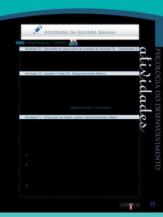 83
psicologiadodesenvolvimento
Saiba Mais
Saiba Mais
Saiba Mais
Saiba Mais
Atividades da Segunda Semana
3ª Aula Presencial – 31/01/2011
Atividade 09 – Discussão em grupo sobre as questões da Atividade 08 – Questionário 01.
Reúnam-se em seus grupos de estudo, compartilhem e discutam as respostas das ques-
tões da Atividade 08.
O objetivo desta atividade é socializar o trabalho que fizeram e colher a opinião dos colegas
sobre essa produção.
Atividade 10 – Assistir o Vídeo 03 - Desenvolvimento Afetivo.
Assistam agora ao vídeo “Desenvolvimento Afetivo” que a UNIVESP TV produziu com as
professoras Fernanda Taxa-Amaro e Maria Thereza Costa Coelho. O objetivo desse vídeo
é enriquecer a nossa compreensão sobre o desenvolvimento afetivo, já que a afetividade,
assim como a cognição, desenvolve-se, ou se constrói, de acordo com uma seqüência. A
afetividade e a cognição são propriedades contíguas da conduta. Mais do que isso, a afeti-
vidade, segundo Piaget, é o motor da inteligência. O programa discute essas questões que
retomaremos na próxima discussão.
Vídeo disponibilizado na Ferramenta Material de Apoio – Pasta Vídeos, ou pelo Portal Aca-
dêmico, link Vídeos.
Atividade 11 – Discussão em classe, sobre o desenvolvimento afetivo.
O desenvolvimento é um fenômeno observado nos seres vivos. Para fins didáticos, dividi-
mo-lo em categorias. No caso do desenvolvimento humano, são importantes as dimensões
cognitivas, afetivas, da linguagem, e social. É importante destacar que todas as dimensões
são observadas quando o indivíduo age sobre um objeto. Dito isto, após ler o texto de Lígia
Melchiori e Zélia Alves – “Comportamentos de bebês em situações de separação e reencon-
tro com os pais, na rotina diária da creche” – e de assistir ao vídeo “Desenvolvimento Afetivo”,
participem da discussão que os seus Orientadores de Disciplina vão coordenar com a classe.
Propomos que vocês reflitam entre outras questões:
1- Quais fatos observamos no dia a dia da escola que poderiam se constituir em perguntas
de pesquisa sobre o desenvolvimento afetivo?
2- Segundo Piaget, a afetividade é o motor da inteligência. De acordo com a videoconfe-
rencista, Professora Maria Thereza Costa Coelho, a afetividade e a inteligência são faces da
mesma moeda, sendo a conduta esta moeda. Justifica-se então por isso, a predisposição
para entendermos mais facilmente e tolerarmos os afetos, mesmo os negativos, de um aluno
brilhante academicamente? Ou essa pergunta carece de sentido?
3- Preponderantemente, a escola está interessada na inteligência. Mas se a afetividade é
a outra face da moeda, deveríamos estar preocupados com as interações acadêmicas que
favorecem o desenvolvimento afetivo. Justifiquem essa afirmação.
 