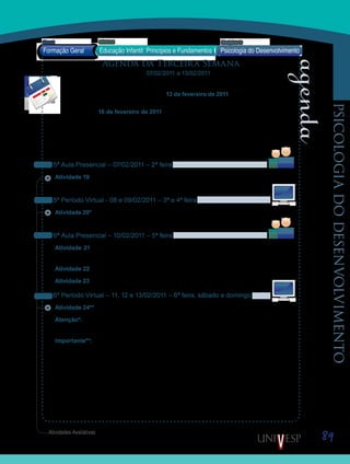 89
psicologiadodesenvolvimento
Saiba Mais
Saiba Mais
Formação Geral Educação Infantil: Princípios e Fundamentos
Bloco1 Módulo 3 Disciplina 11
Psicologia do Desenvolvimento
vídeo da TV Cultura
texto em anexo
Agenda da Terceira Semana
07/02/2011 a 13/02/2011
As atividades desenvolvidas durante esta semana, poderão ser entregues, sem descon-
tos em nota, até o próximo domingo, dia 13 de fevereiro de 2011, com exceção daquelas
que forem avisadas de prazos diferentes. Atividades entregues fora do prazo estabeleci-
do – até o dia 16 de fevereiro de 2011 – entrarão no período de recuperação de prazos
e terão suas notas avaliadas com descontos. As atividades entregues após esse prazo, não
serão avaliadas. Por isso, não deixem para postar suas atividades de última hora.
Vejam abaixo como ficou o esquema das aulas. Acessem a Ferramenta Atividades para
obter mais informações:
5ª Aula Presencial – 07/02/2011 – 2ª feira
Atividade 19 – Refletindo sobre os impactos da cultura na construção da consciência mo-
ral.
5º Período Virtual - 08 e 09/02/2011 – 3ª e 4ª feira
Atividade 20* – Estudo do texto 04 – “Atitudes de adolescentes frente à delinquência como
representações sociais” – Questionário 03.
6ª Aula Presencial – 10/02/2011 – 5ª feira
Atividade 21 – Relacionar as pesquisa: “Atitudes de adolescentes frente à delinquência
como representações sociais” e “Atitudes virtuosas de adolescentes”.
Atividade 22 – Assistir ao Vídeo 05 – Desenvolvimento social.
Atividade 23 - Continuação da Atividade 21.
6º Período Virtual – 11, 12 e 13/02/2011 – 6ª feira, sábado e domingo
Atividade 24** – Fórum de Discussão 02 - Compartilhando os resultados da pesquisa.
Atenção*: O Questionário 03, da Atividade 20, deverá ser postado para avaliação até 18h
do dia 10 de fevereiro de 2011. Essa atividade não terá período de recuperação de prazo.
Importante**: As postagens do Fórum 02 - Compartilhando os resultados da pesquisa (Ati-
vidade 24) deverão ser feitas no período de 11 a 16 de fevereiro de 2011. Não está previsto
prazo de recuperação para essa atividade.
Lembrem-se de que os materiais podem ser acessados também, por meio do DVD-ROM.
Qualquer problema, por favor, entrem em contato pela Ferramenta Correio ou, presencial-
mente, com seu Orientador de Disciplina.
Saib
Saiba
Saib
Saiba
Saib
Saiba
Saib
Saiba
Atividades Avaliativas
 