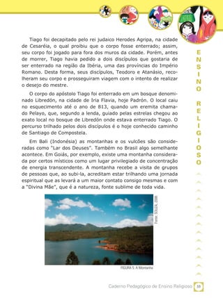 Tiago foi decapitado pelo rei judaico Herodes Agripa, na cidade
de Cesaréia, o qual proibiu que o corpo fosse enterrado; assim,
seu corpo foi jogado para fora dos muros da cidade. Porém, antes                     E
de morrer, Tiago havia pedido a dois discípulos que gostaria de                      N
ser enterrado na região da Ibéria, uma das províncias do Império                     S
Romano. Desta forma, seus discípulos, Teodoro e Atanásio, reco-
                                                                                     I
lheram seu corpo e prosseguiram viagem com o intento de realizar
o desejo do mestre.
                                                                                     N
                                                                                     O
   O corpo do apóstolo Tiago foi enterrado em um bosque denomi-
nado Libredón, na cidade de Iria Flavia, hoje Padrón. O local caiu
no esquecimento até o ano de 813, quando um eremita chama-
                                                                                     R
do Pelayo, que, segundo a lenda, guiado pelas estrelas chegou ao                     E
exato local no bosque de Libredón onde estava enterrado Tiago. O                     L
percurso trilhado pelos dois discípulos é o hoje conhecido caminho                   I
de Santiago de Compostela.                                                           G
   Em Bali (Indonésia) as montanhas e os vulcões são conside-                        I
radas como “Lar dos Deuses”. Também no Brasil algo semelhante                        O
acontece. Em Goiás, por exemplo, existe uma montanha considera-                      S
da por certos místicos como um lugar privilegiado de concentração                    O
de energia transcendente. A montanha recebe a visita de grupos
de pessoas que, ao subi-la, acreditam estar trilhando uma jornada
espiritual que as levará a um maior contato consigo mesmas e com
a “Divina Mãe”, que é a natureza, fonte sublime de toda vida.
                                                                Fonte: SOUZA, 2006




                                         FIGURA 5: A Montanha



                                    Caderno Pedagógico de Ensino Religioso 33
 