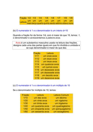 Fração 1/2 1/3 1/4         1/5 1/6 1/7         1/8 1/9
              um um um           um um um            um um
      Leitura
              meio terço quarto quinto sexto sétimo oitavo nono


(b) O numerador é 1 e o denominador é um inteiro d>10

Quando a fração for da forma 1/d, com d maior do que 10, lemos: 1,
o denominador e acrescentamos a palavra avos.

  Avos é um substantivo masculino usado na leitura das frações,
designa cada uma das partes iguais em que foi dividida a unidade e
            se cujo denominador é maior do que dez.

                    Fração     Leitura
                     1/11   um onze avos
                     1/12   um doze avos
                     1/13   um treze avos
                     1/14 um quatorze avos
                     1/15 um quinze avos
                     1/16 um dezesseis avos
                     1/17 um dezessete avos
                     1/18 um dezoito avos
                     1/19 um dezenove avos


(c) O numerador é 1 e o denominador é um múltiplo de 10

Se o denominador for múltiplo de 10, lemos:

         Fração      Leitura             Leitura Comum
          1/10    um dez avos              um décimo
          1/20   um vinte avos            um vigésimo
          1/30   um trinta avos           um trigésimo
          1/40  um quarenta avos        um quadragésimo
          1/50 um cinqüenta avos        um qüinquagésimo
          1/60  um sessenta avos         um sexagésimo
 