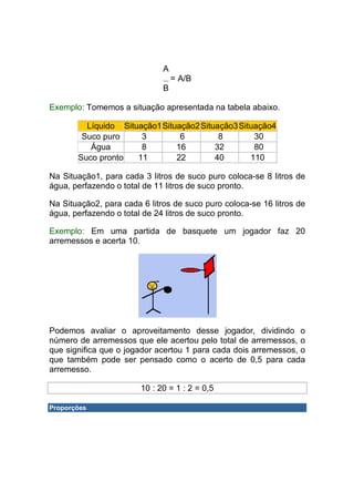 A
                                  = A/B
                              B

Exemplo: Tomemos a situação apresentada na tabela abaixo.

         Líquido Situação1 Situação2 Situação3 Situação4
        Suco puro     3         6         8        30
          Água        8        16        32        80
       Suco pronto   11        22        40       110

Na Situação1, para cada 3 litros de suco puro coloca-se 8 litros de
água, perfazendo o total de 11 litros de suco pronto.

Na Situação2, para cada 6 litros de suco puro coloca-se 16 litros de
água, perfazendo o total de 24 litros de suco pronto.

Exemplo: Em uma partida de basquete um jogador faz 20
arremessos e acerta 10.




Podemos avaliar o aproveitamento desse jogador, dividindo o
número de arremessos que ele acertou pelo total de arremessos, o
que significa que o jogador acertou 1 para cada dois arremessos, o
que também pode ser pensado como o acerto de 0,5 para cada
arremesso.

                        10 : 20 = 1 : 2 = 0,5

Proporções
 