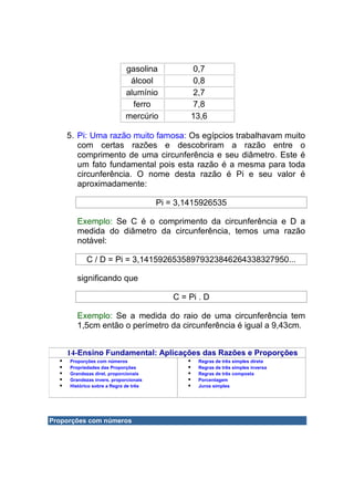 gasolina           0,7
                             álcool            0,8
                            alumínio           2,7
                              ferro            7,8
                            mercúrio           13,6

    5. Pi: Uma razão muito famosa: Os egípcios trabalhavam muito
       com certas razões e descobriram a razão entre o
       comprimento de uma circunferência e seu diâmetro. Este é
       um fato fundamental pois esta razão é a mesma para toda
       circunferência. O nome desta razão é Pi e seu valor é
       aproximadamente:

                                       Pi = 3,1415926535

        Exemplo: Se C é o comprimento da circunferência e D a
        medida do diâmetro da circunferência, temos uma razão
        notável:

            C / D = Pi = 3,14159265358979323846264338327950...

        significando que

                                           C = Pi . D

        Exemplo: Se a medida do raio de uma circunferência tem
        1,5cm então o perímetro da circunferência é igual a 9,43cm.


    14-Ensino Fundamental: Aplicações das Razões e Proporções
     Proporções com números                      Regras de três simples direta
     Propriedades das Proporções                 Regras de três simples inversa
     Grandezas diret. proporcionais              Regras de três composta
     Grandezas invers. proporcionais             Porcentagem
     Histórico sobre a Regra de três             Juros simples




Proporções com números
 