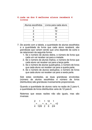6. cada um dos 6 melhores alunos receberá 4
   livros

       Alunos escolhidos    Livros para cada aluno
               1                      24
               2                      12
               3                       8
               4                       6
               6                       4

7. De acordo com a tabela, a quantidade de alunos escolhidos
   e a quantidade de livros que cada aluno receberá, são
   grandezas que variam sendo que uma depende da outra e
   se relacionam da seguinte forma:
      1. Se o número de alunos dobra, o número de livros que
         cada um vai receber cai para a metade.
      2. Se o número de alunos triplica, o número de livros que
         cada aluno vai receber cai para a terça parte.
      3. Se o número de alunos quadruplica, o número de livros
         que cada aluno vai receber cai para a quarta parte.
      4. Se o número de alunos sextuplica, o número de livros
         que cada aluno vai receber cai para a sexta parte.

  Sob estas condições, as duas grandezas envolvidas
  (número de alunos escolhidos e número de livros
  distribuídos) são grandezas inversamente proporcionais.

  Quando a quantidade de alunos varia na razão de 2 para 4,
  a quantidade de livros distribuídos varia de 12 para 6.

  Notemos que essas razões não são iguais, mas são
  inversas:

                 2    1 1 12 1
                  =    = e  =   =2
                 4 12/6 2 6 2/4
 