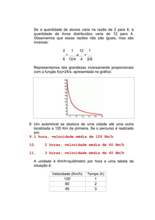 Se a quantidade de alunos varia na razão de 2 para 6, a
  quantidade de livros distribuídos varia de 12 para 4.
  Observemos que essas razões não são iguais, mas são
  inversas:

                   2       1       12       1
                       =       e        =
                   6 12/4          4        2/6

  Representamos tais grandezas inversamente proporcionais
  com a função f(x)=24/x, apresentada no gráfico




8. Um automóvel se desloca de uma cidade até uma outra
   localizada a 120 Km da primeira. Se o percurso é realizado
   em:
9. 1 hora, velocidade média de 120 Km/h

10.      2 horas, velocidade média de 60 Km/h

11.      3 horas, velocidade média de 40 Km/h

  A unidade é Km/h=quilômetro por hora e uma tabela da
  situação é:

             Velocidade (Km/h)              Tempo (h)
                    120                        1
                     60                        2
                     40                        3
 