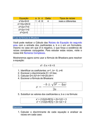 Equação            a b c      Delta          Tipos de raízes
     x²-6x+8=0           1 -6 8      4            reais e diferentes
    x²-10x+25=0
     x²+2x+7=0
     x²+2x+1=0
       x²+2x=0

O uso da fórmula de Bhaskara

Você pode realizar o Cálculo das Raízes da Equação do segundo
grau com a entrada dos coeficientes a, b e c em um formulário,
mesmo no caso em que D é negativo, o que força a existência de
raízes complexas conjugadas. Para estudar estas raízes, visite o
nosso link Números Complexos.

Mostraremos agora como usar a fórmula de Bhaskara para resolver
a equação:

                               x² - 5 x + 6 = 0

     1.   Identificar os coeficientes: a=1, b= -5, c=6
     2.   Escrever o discriminante D = b²-4ac.
     3.   Calcular D=(-5)²-4×1×6=25-24=1
     4.   Escrever a fórmula de Bhaskara:




     5. Substituir os valores dos coeficientes a, b e c na fórmula:

                          x' = (1/2)(5+R[1]) = (5+1)/2 = 3
                          x" = (1/2)(5-R[1]) = (5-1)/2 = 2

Exercícios

     1. Calcular o discriminante de cada equação e analisar as
        raízes em cada caso:
 