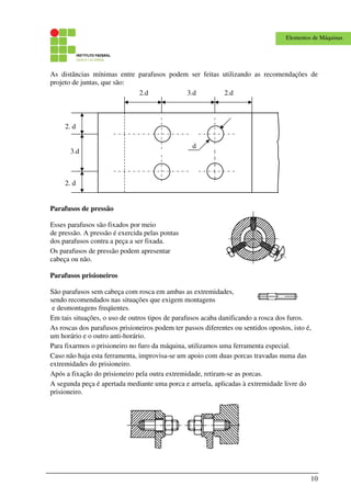 10
Elementos de Máquinas
As distâncias mínimas entre parafusos podem ser feitas utilizando as recomendações de
projeto de juntas, que são:
Exercícios
Parafusos de pressão
Esses parafusos são fixados por meio
de pressão. A pressão é exercida pelas pontas
dos parafusos contra a peça a ser fixada.
Os parafusos de pressão podem apresentar
cabeça ou não.
Parafusos prisioneiros
São parafusos sem cabeça com rosca em ambas as extremidades,
sendo recomendados nas situações que exigem montagens
e desmontagens freqüentes.
Em tais situações, o uso de outros tipos de parafusos acaba danificando a rosca dos furos.
As roscas dos parafusos prisioneiros podem ter passos diferentes ou sentidos opostos, isto é,
um horário e o outro anti-horário.
Para fixarmos o prisioneiro no furo da máquina, utilizamos uma ferramenta especial.
Caso não haja esta ferramenta, improvisa-se um apoio com duas porcas travadas numa das
extremidades do prisioneiro.
Após a fixação do prisioneiro pela outra extremidade, retiram-se as porcas.
A segunda peça é apertada mediante uma porca e arruela, aplicadas à extremidade livre do
prisioneiro.
2.d3.d2.d
d
2. d
3.d
2. d
 