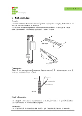 34
Elementos de Máquinas
6 - Cabos de Aço
Conceito
Cabos são elementos de transmissão que suportam cargas (força de tração), deslocando-as nas
posições horizontal, vertical ou inclinada.
Os cabos são muito empregados em equipamentos de transporte e na elevação de cargas,
como em elevadores, escavadeiras, guindastes e pontes rolantes.
Componentes
O cabo de aço se constitui de alma e perna. A perna se compõe de vários arames em torno de
um arame central, conforme a figura.
Construção de cabos
Um cabo pode ser construído em uma ou mais operações, dependendo da quantidade de fios
e, especificamente, do número de fios da perna.
Por exemplo:
Um cabo de aço 6x19 (Lê-se 6 por 19) significa que contém 6 pernas com 19 fios cada.
 